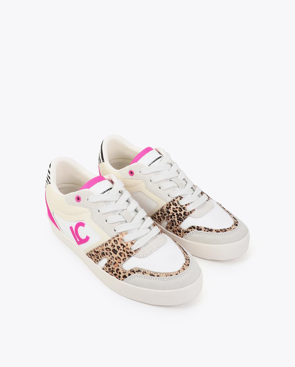 Zapatillas con cuña de mujer interna con detalles animal print - Lola Casademunt - Blanco / Fucsia Blanco / Fucsia-3