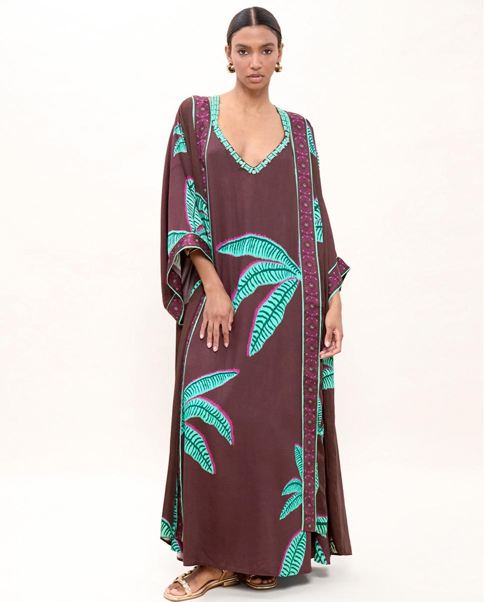 Chaqueta de mujer tipo kimono con estampado de palmeras - Lola Casademunt - Marrón Marrón-1
