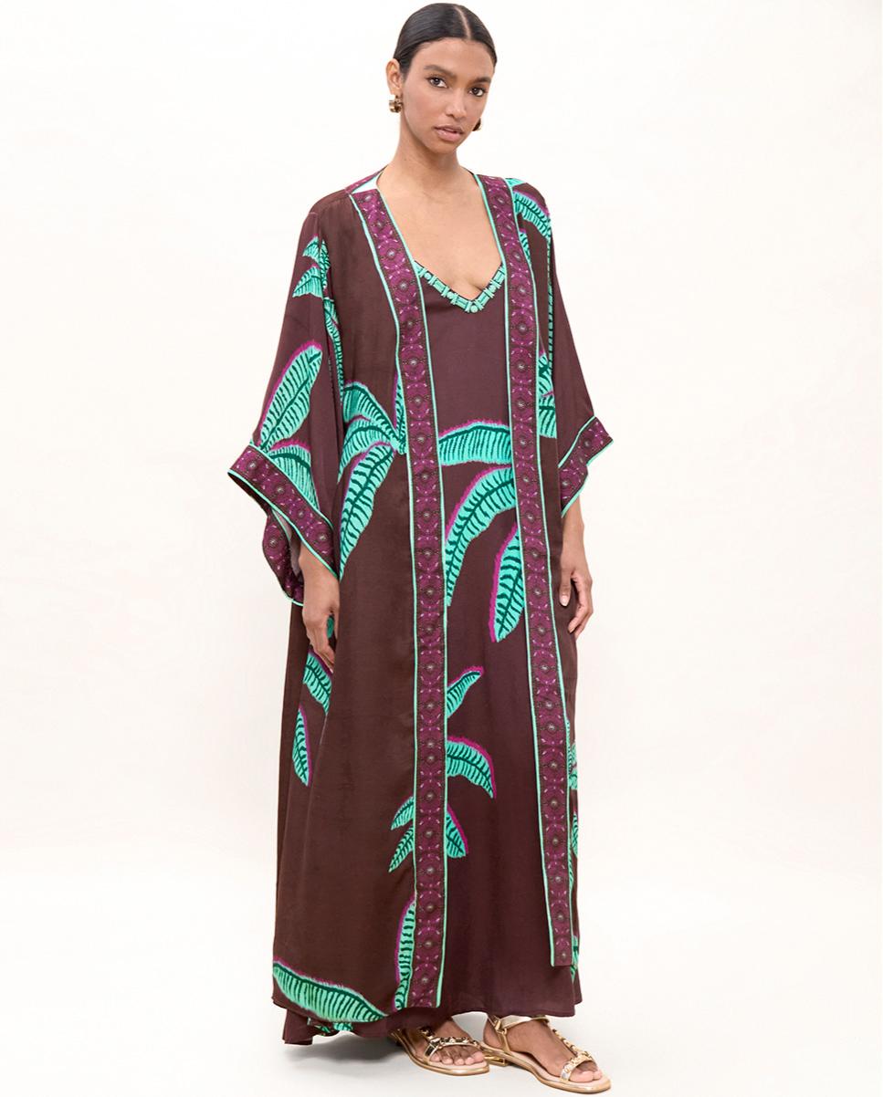 Chaqueta de mujer tipo kimono con estampado de palmeras - Lola Casademunt - Marrón Marrón-2