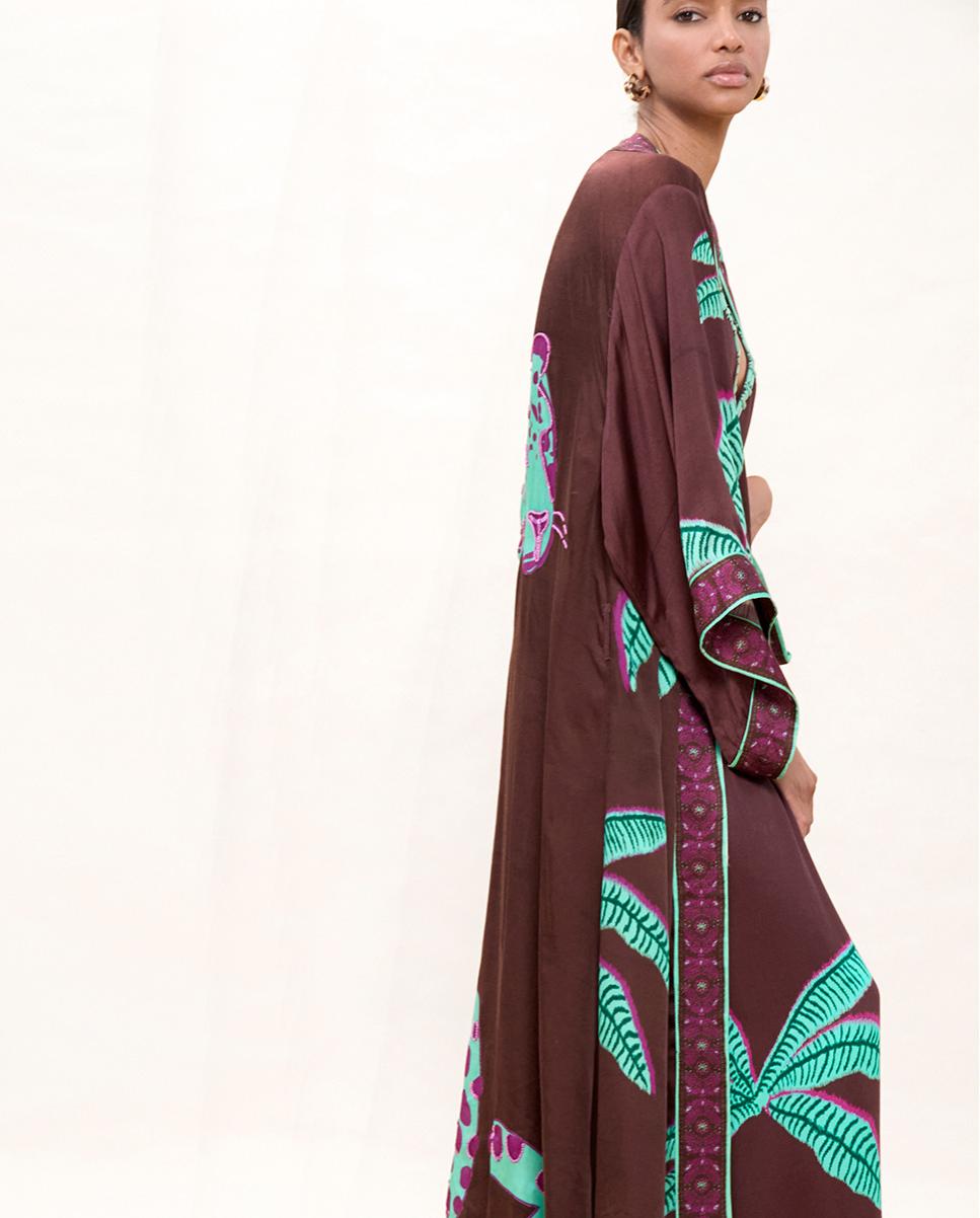 Chaqueta de mujer tipo kimono con estampado de palmeras - Lola Casademunt - Marrón Marrón-3