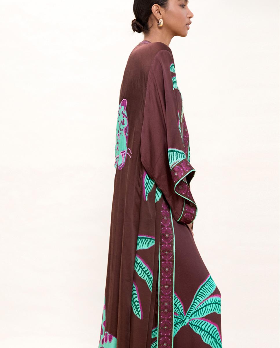 Chaqueta de mujer tipo kimono con estampado de palmeras - Lola Casademunt - Marrón Marrón-4