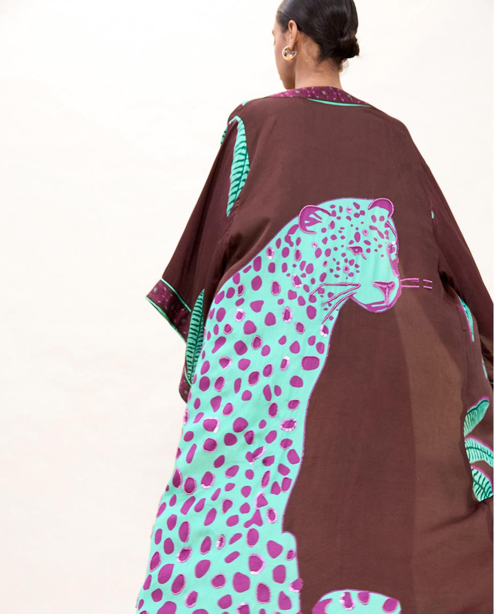 Chaqueta de mujer tipo kimono con estampado de palmeras - Lola Casademunt - Marrón Marrón-5
