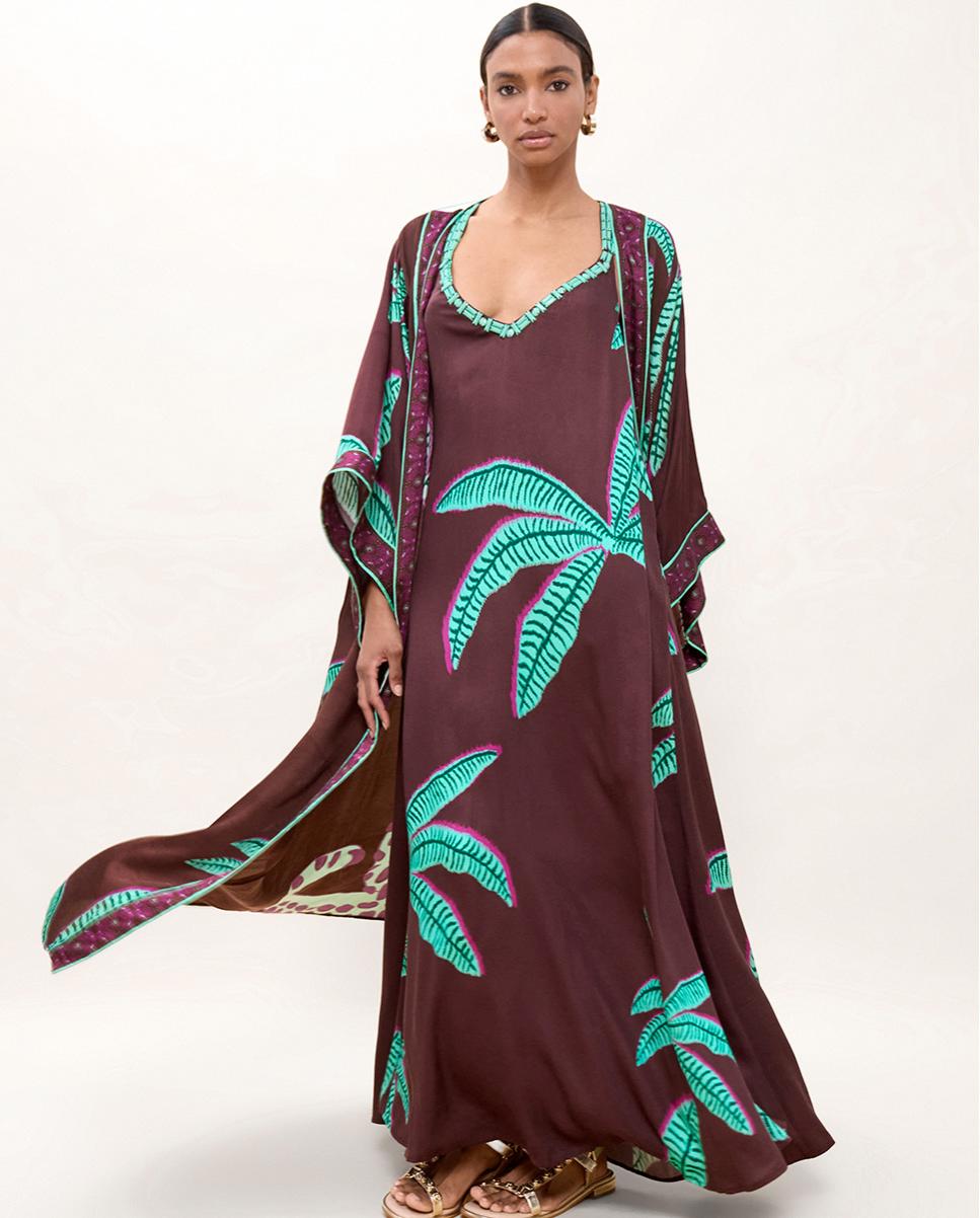 Chaqueta de mujer tipo kimono con estampado de palmeras - Lola Casademunt - Marrón Marrón-6