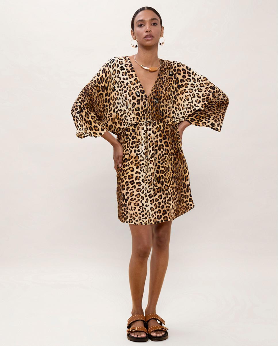 Vestido corto animal print con mangas anchas - Lola Casademunt - Negro / Natural Negro / Natural-1