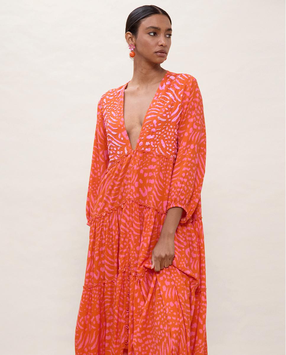Vestido largo y holgado con estampado de manchas - Lola Casademunt - Naranja Naranja-2