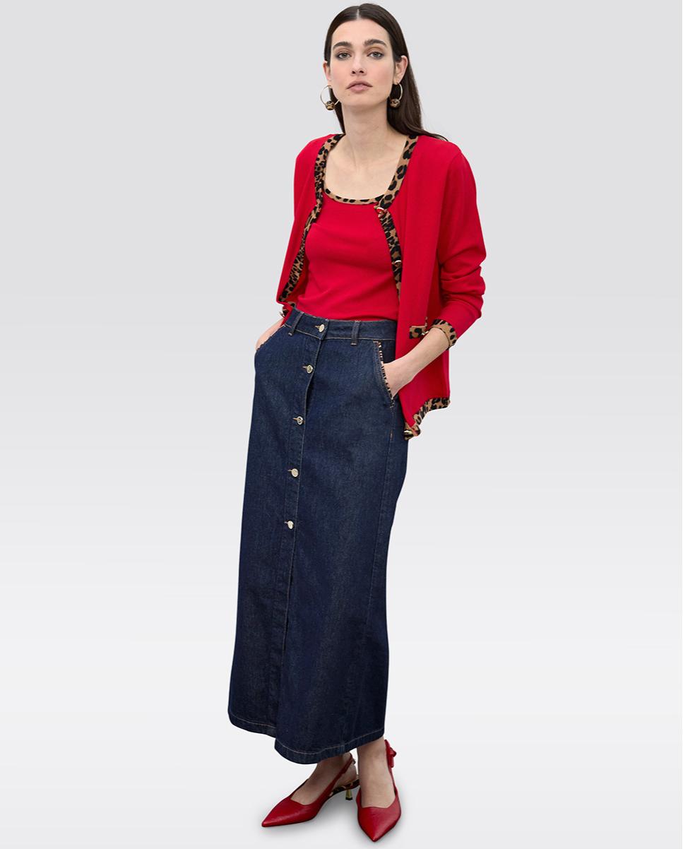 Lola Casademunt - Falda larga denim con vivos animal print.