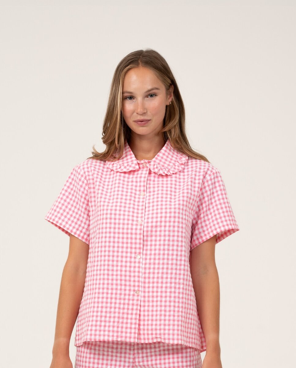 Camiseta de mujer a cuadros de manga corta - Bohodot - Rosa / Blanco Rosa / Blanco-1