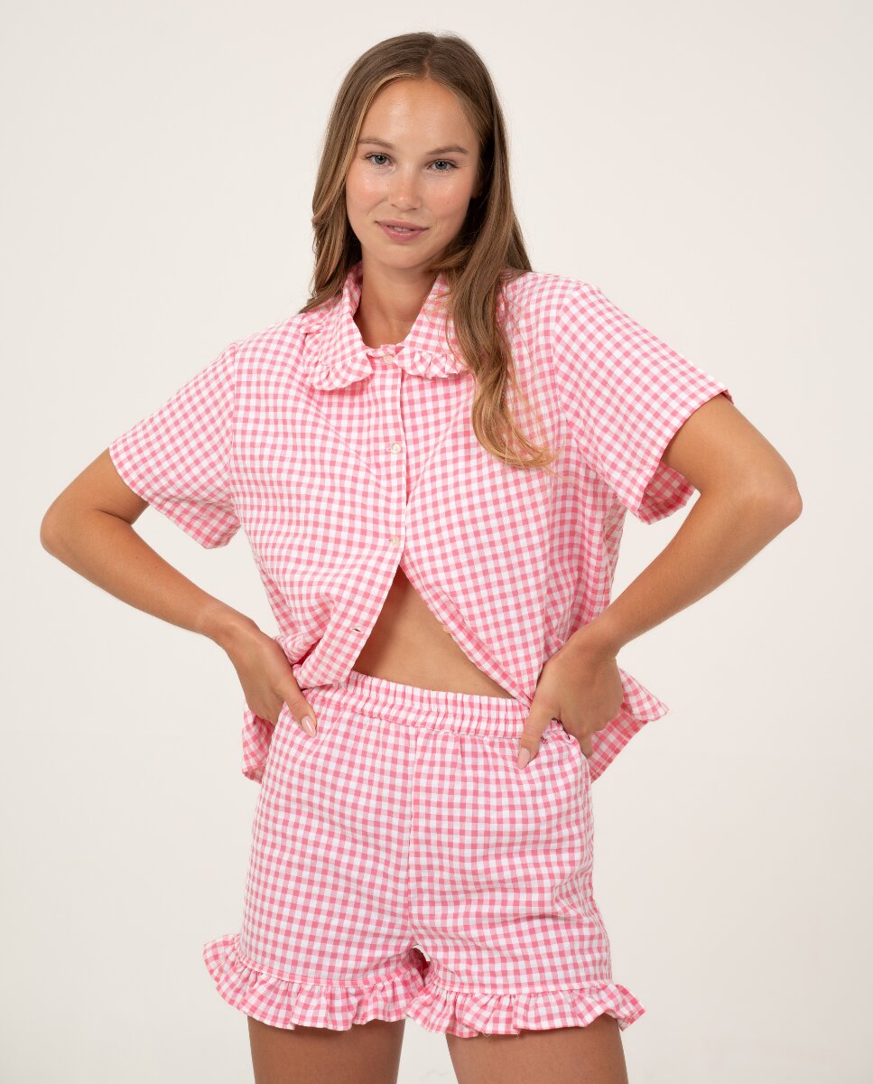 Camiseta de mujer a cuadros de manga corta - Bohodot - Rosa / Blanco Rosa / Blanco-4