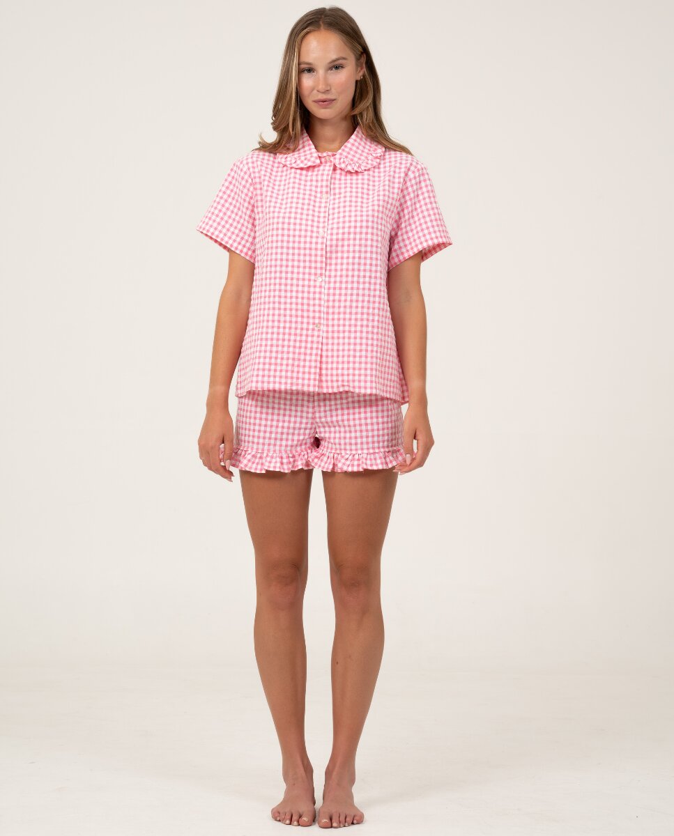 Camiseta de mujer a cuadros de manga corta - Bohodot - Rosa / Blanco Rosa / Blanco-5