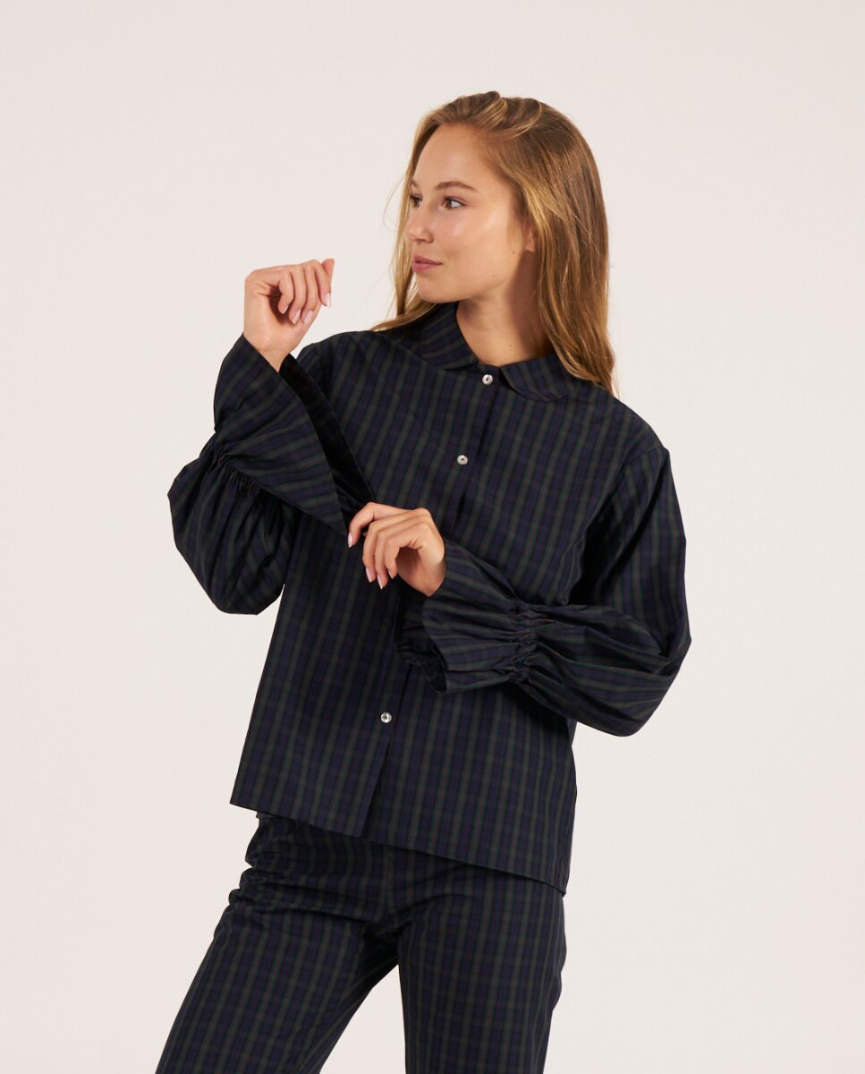 Camisa con volantes en los puños confeccionada con tejido de cuadros madrás - Bohodot - Negro Negro-1