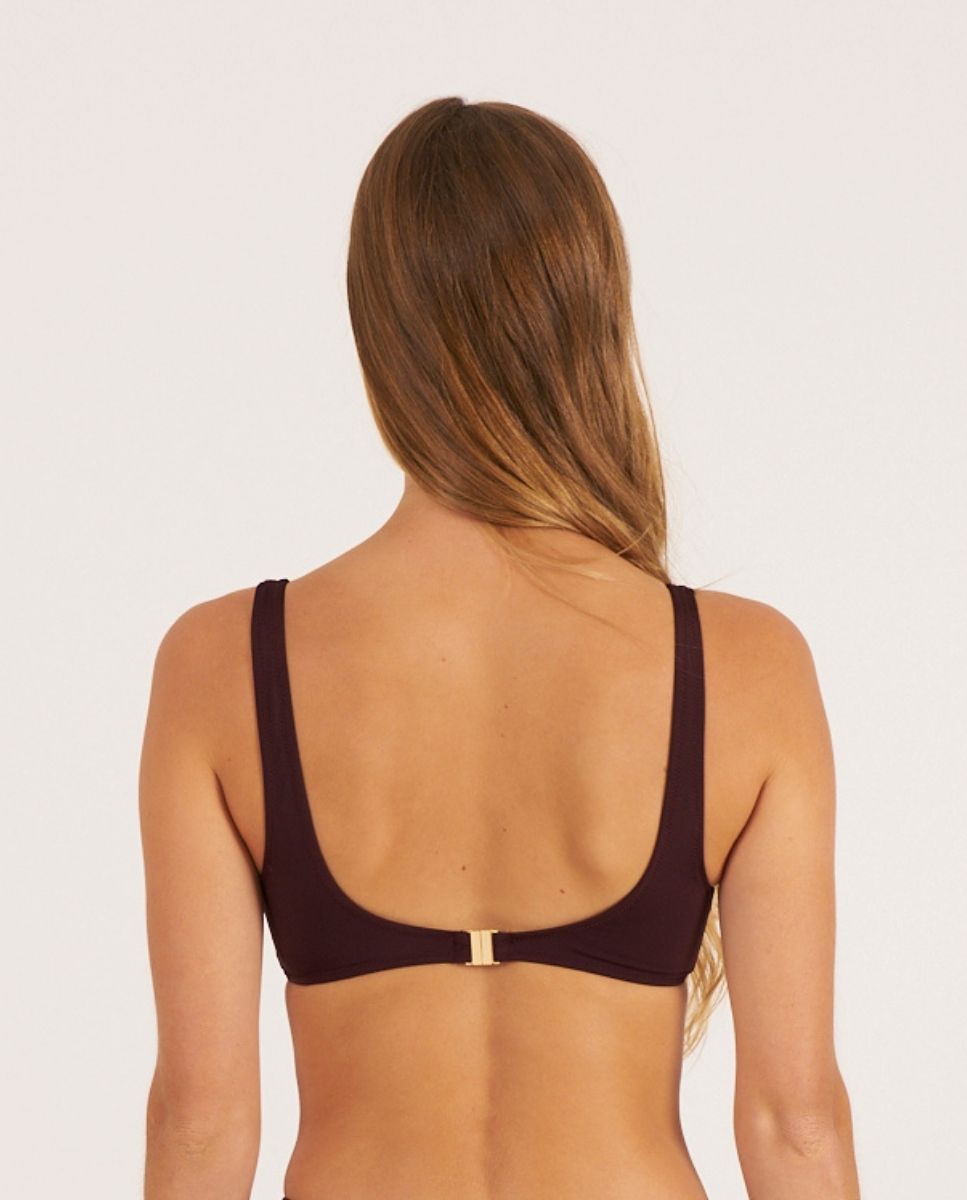 Top de bikini escotado con aro dorado central en tejido efecto seda - Bohodot - Marrón oscuro Marrón oscuro-2