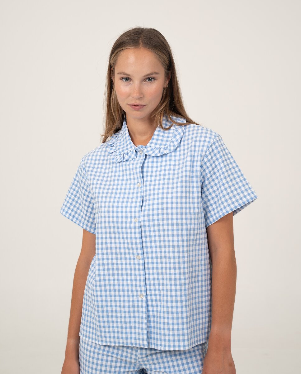 Camiseta de mujer a cuadros de manga corta - Bohodot - Azul claro Azul claro-1