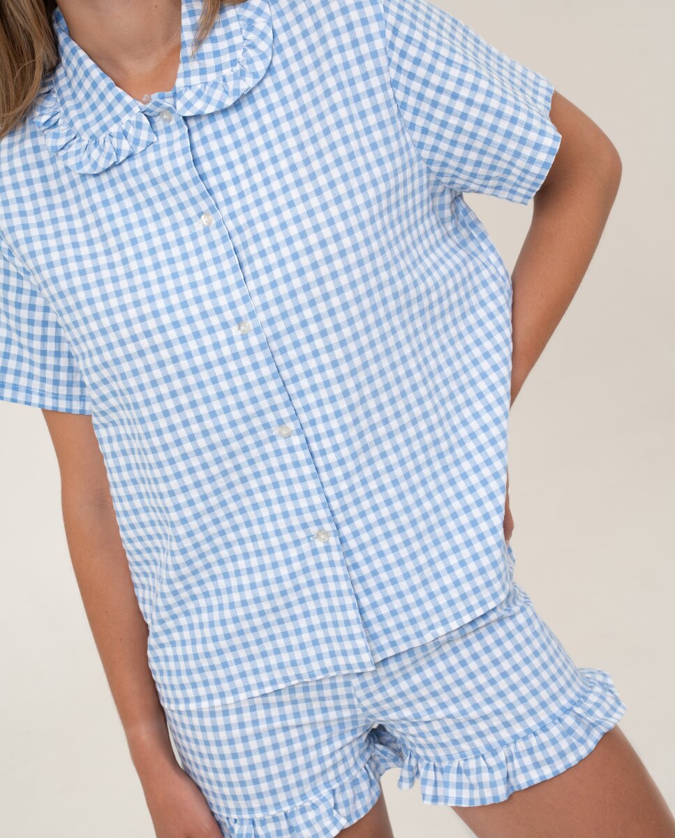 Camiseta de mujer a cuadros de manga corta - Bohodot - Azul claro Azul claro-3