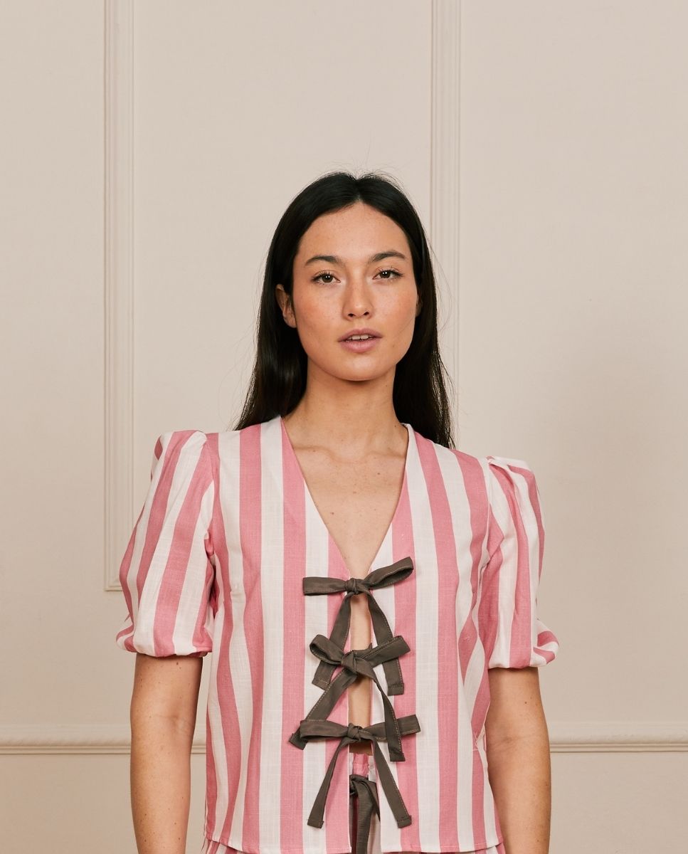 Camisa de manga corta a rayas con lazos - Bohodot - Rosa / Blanco Rosa / Blanco-1