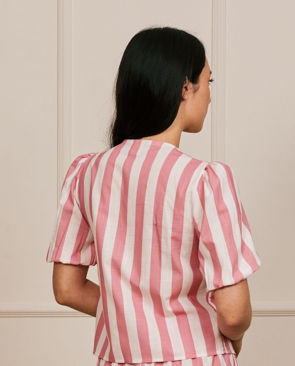 Camisa de manga corta a rayas con lazos - Bohodot - Rosa / Blanco Rosa / Blanco-2