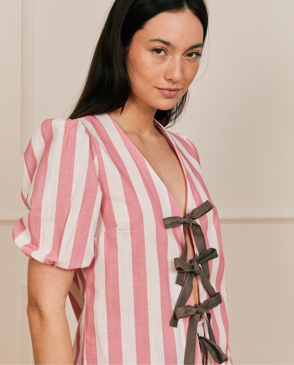 Camisa de manga corta a rayas con lazos - Bohodot - Rosa / Blanco Rosa / Blanco-3