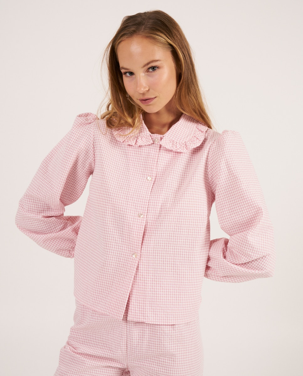 Camisa de pijama con volantes en los puños confeccionada con tejido de cuadros vichy - Bohodot - Rosa Rosa-1