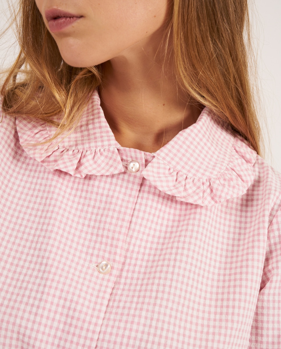 Camisa de pijama con volantes en los puños confeccionada con tejido de cuadros vichy - Bohodot - Rosa Rosa-3