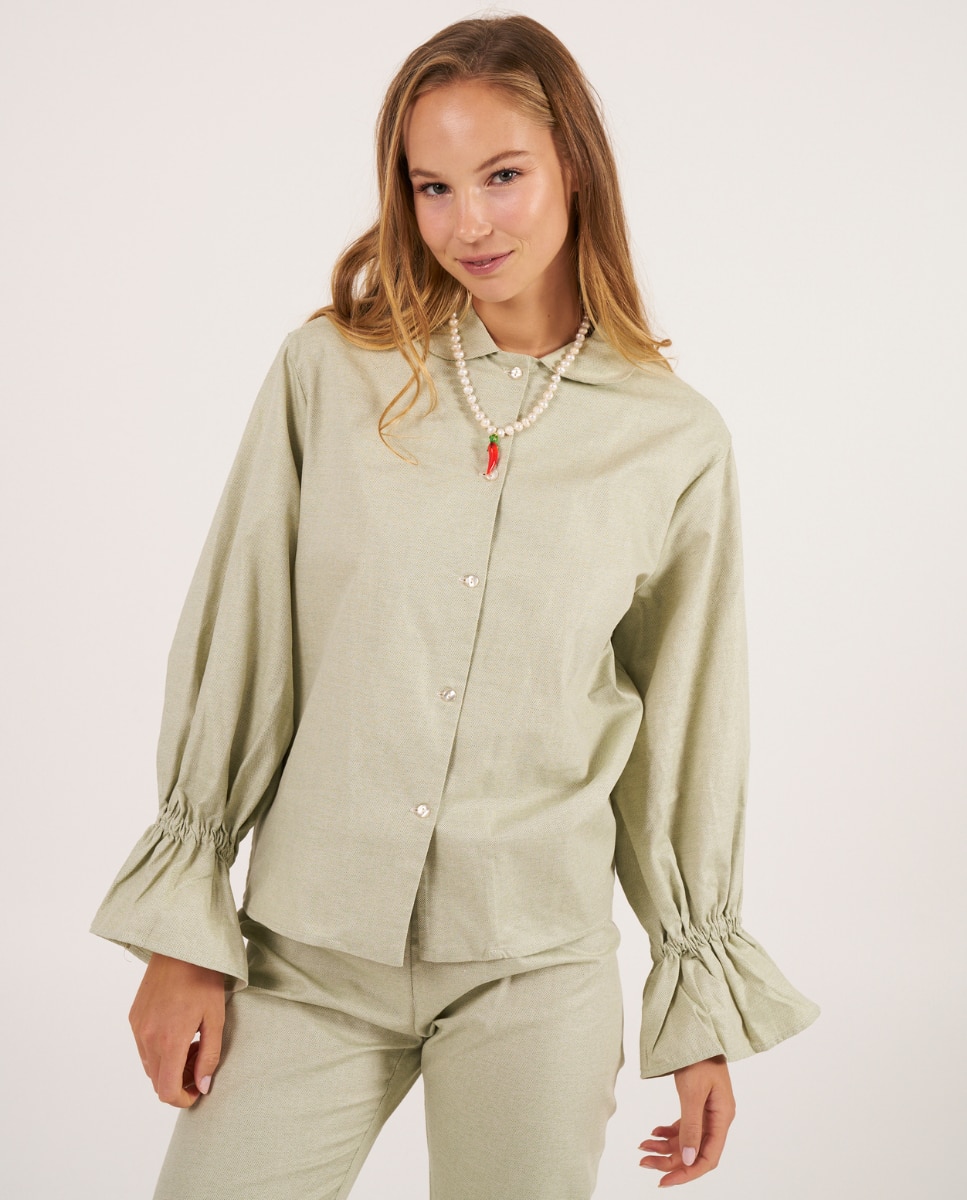 Camisa con volantes en los puños confeccionada con tejido de algodón tipo canvas - Bohodot - Verde Verde-1