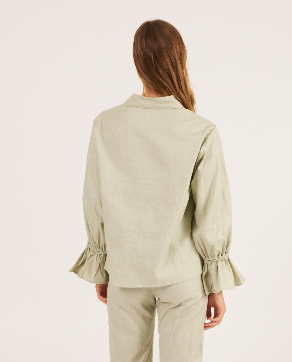 Camisa con volantes en los puños confeccionada con tejido de algodón tipo canvas - Bohodot - Verde Verde-2