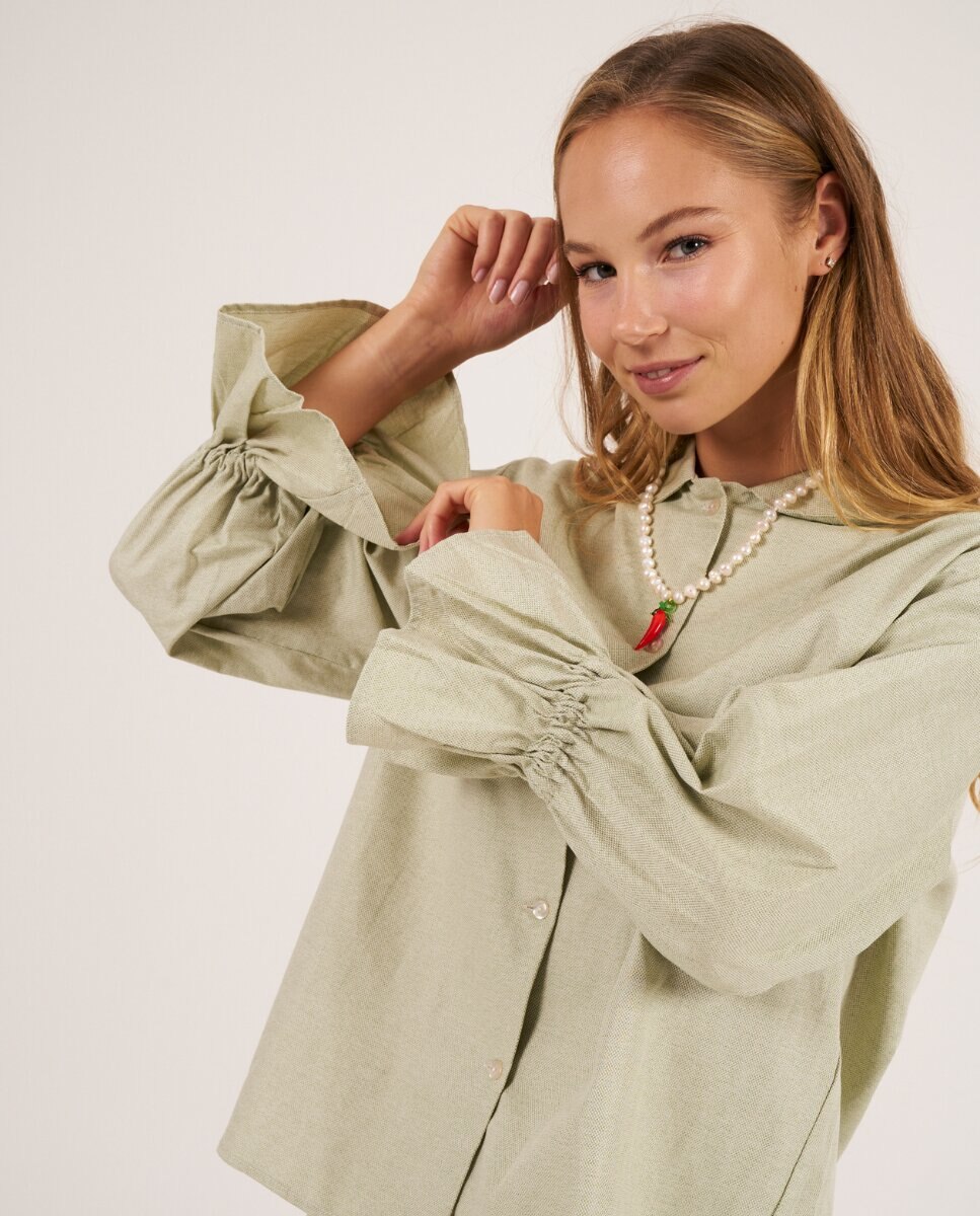 Camisa con volantes en los puños confeccionada con tejido de algodón tipo canvas - Bohodot - Verde Verde-3