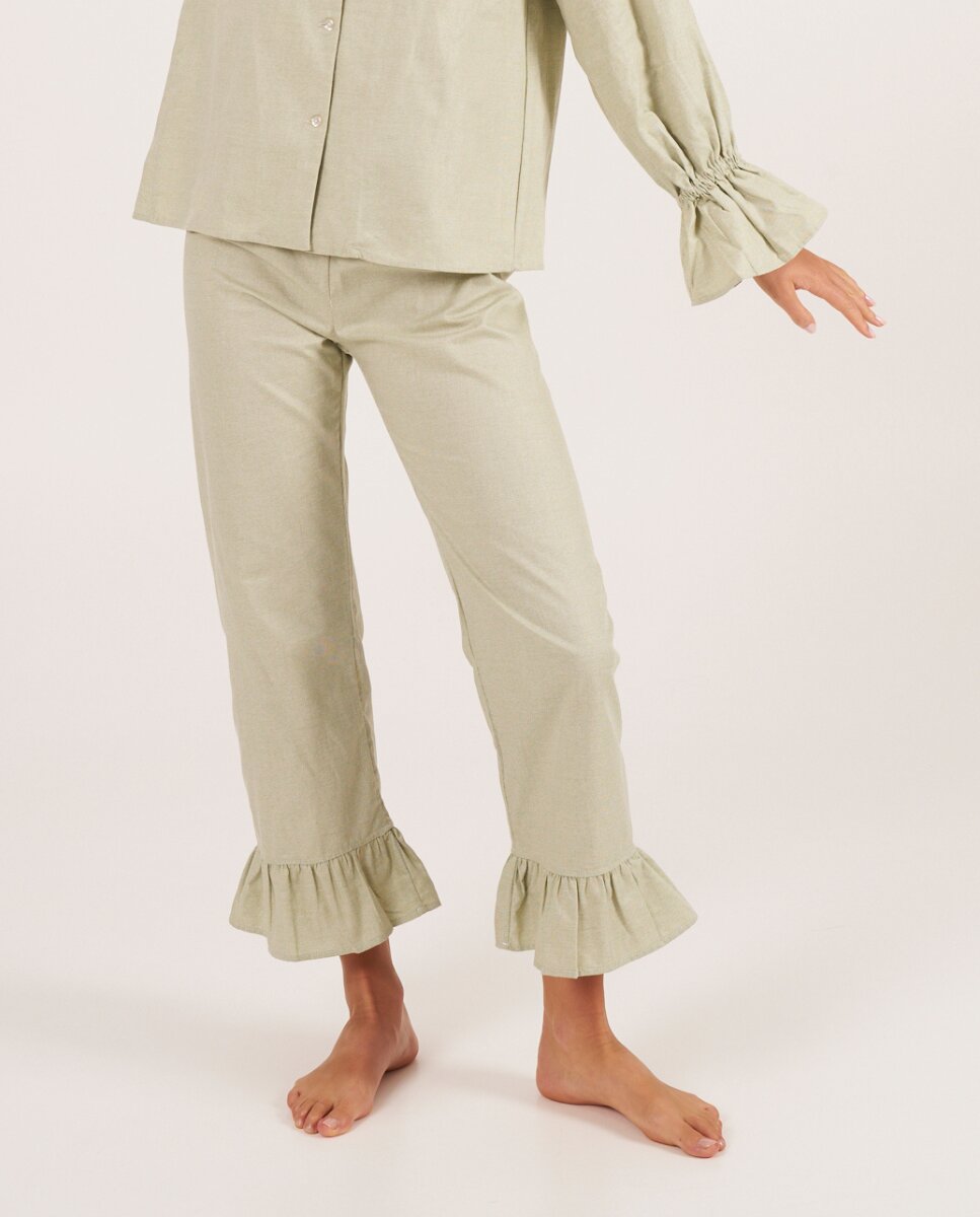 Pantalón largo con volantes confeccionada con tejido de algodón tipo canvas - Bohodot - Verde Verde-1