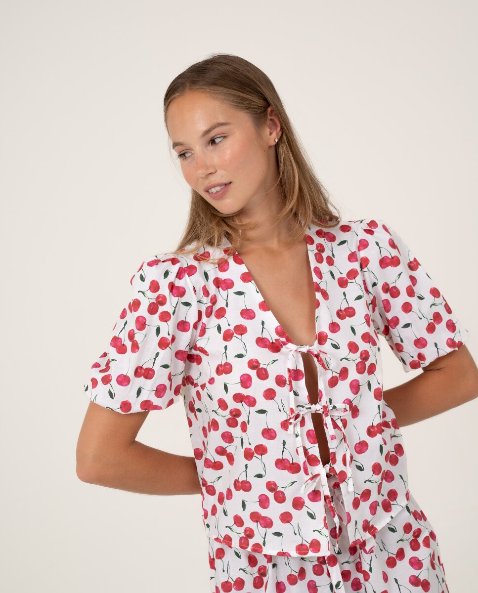Camisa de manga corta con lazos en estampado de cerezas - Bohodot - Rojo / Blanco Rojo / Blanco-1