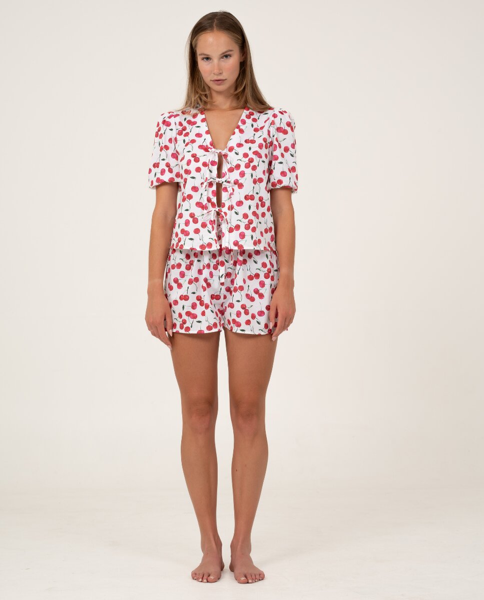 Camisa de manga corta con lazos en estampado de cerezas - Bohodot - Rojo / Blanco Rojo / Blanco-3
