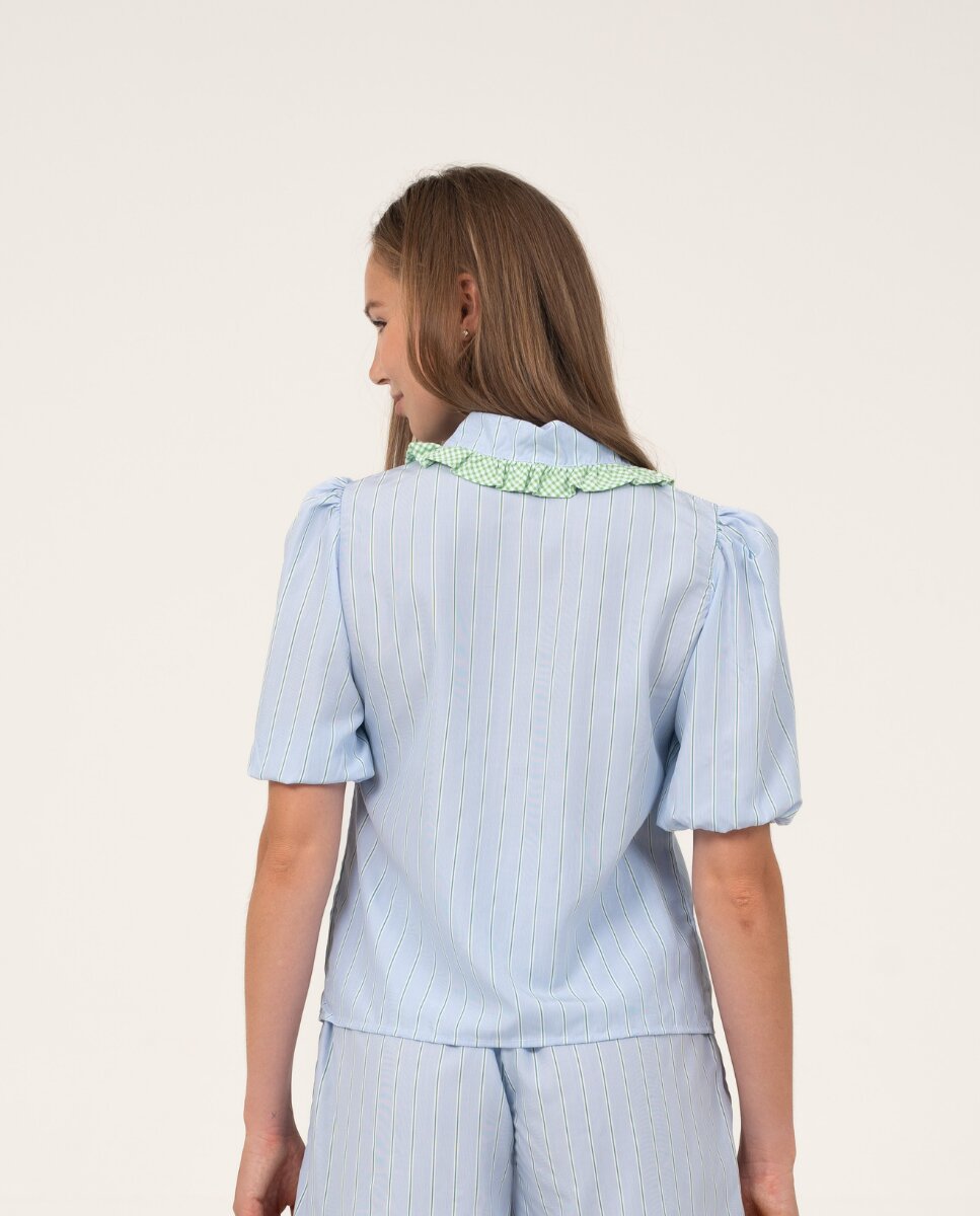Camisa de manga corta de color azul y cuello con volantes - Bohodot - Azul / Verde Azul / Verde-2