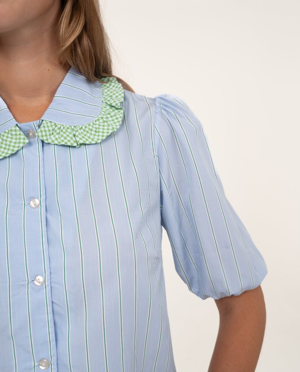 Camisa de manga corta de color azul y cuello con volantes - Bohodot - Azul / Verde Azul / Verde-4