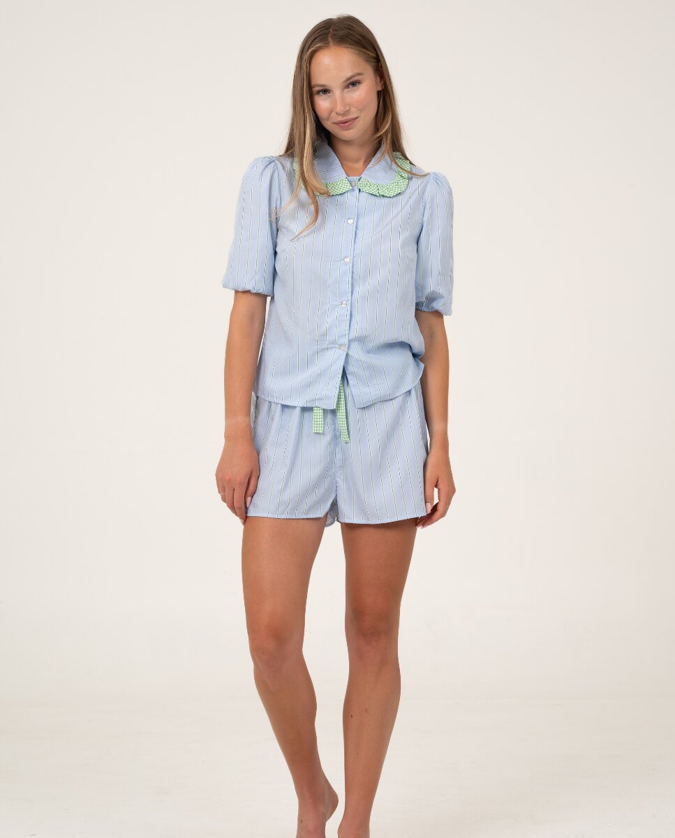 Camisa de manga corta de color azul y cuello con volantes - Bohodot - Azul / Verde Azul / Verde-5