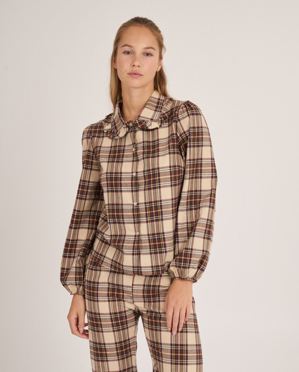 Camisa de manga larga con cuello de volantes en cuadros madrás - Bohodot - Marrón Marrón-1