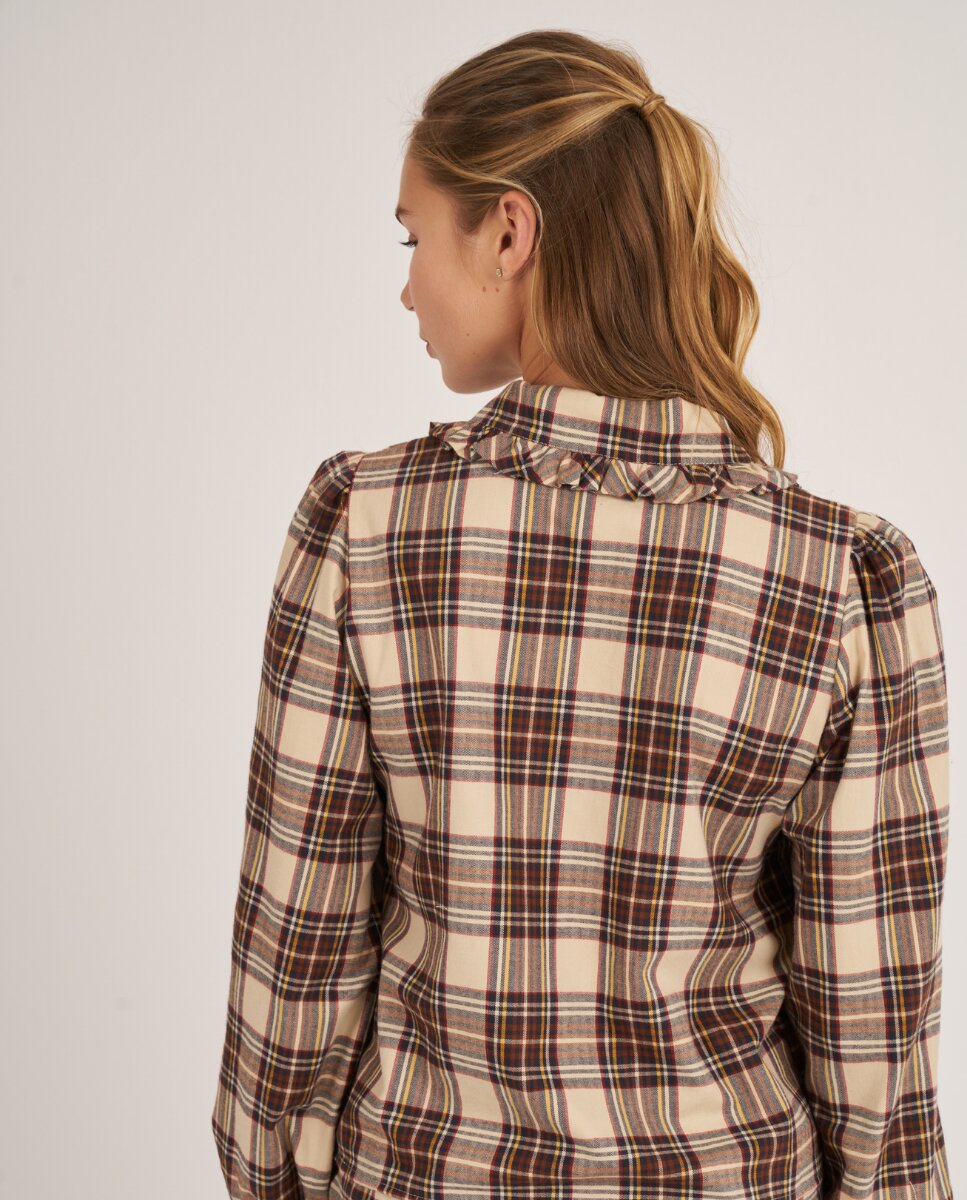 Camisa de manga larga con cuello de volantes en cuadros madrás - Bohodot - Marrón Marrón-2