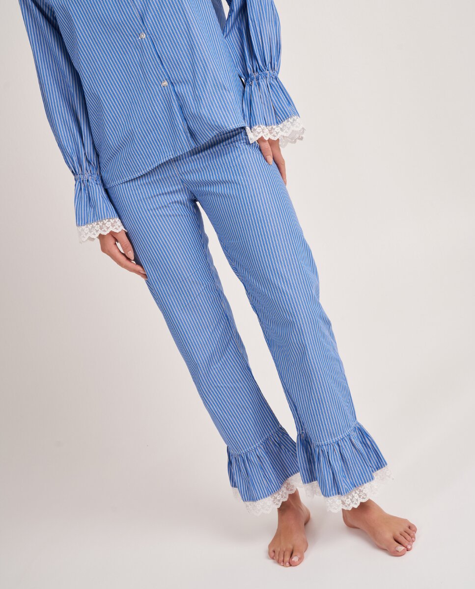 Pantalón largo con volante y puntilla de rayas azules y blancas - Bohodot - Azul Azul-1