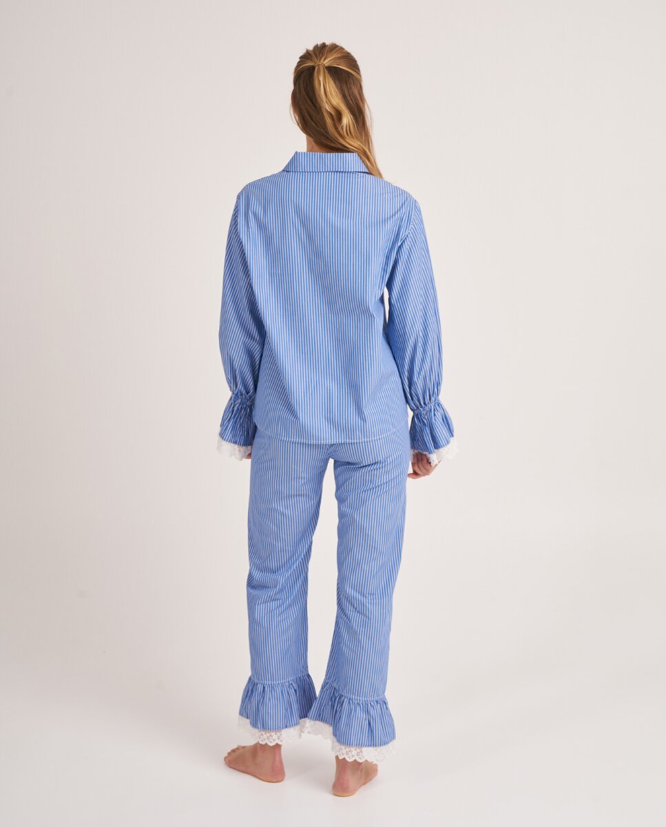 Pantalón largo con volante y puntilla de rayas azules y blancas - Bohodot - Azul Azul-2
