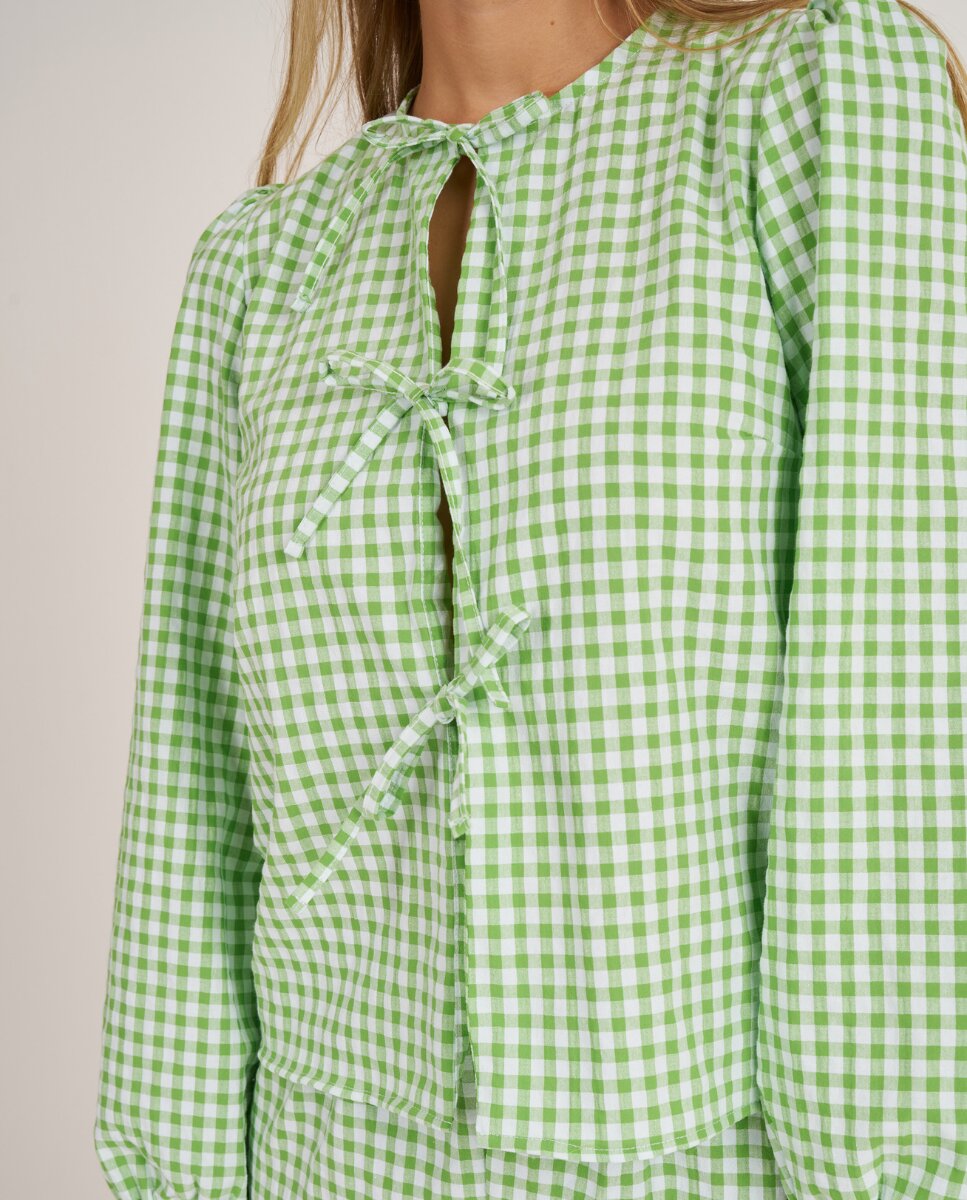 Camisa de manga larga con lazos a cuadros verde manzana - Bohodot - Blanco / Verde Blanco / Verde-1