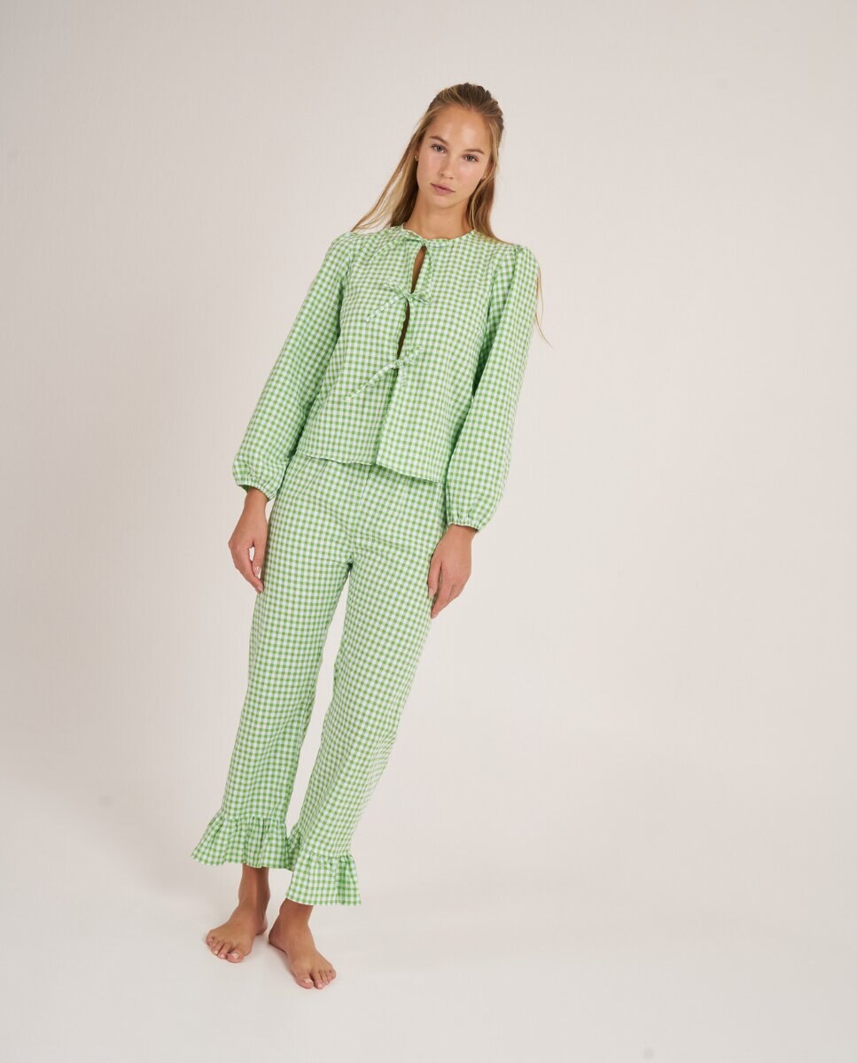 Camisa de manga larga con lazos a cuadros verde manzana - Bohodot - Blanco / Verde Blanco / Verde-3