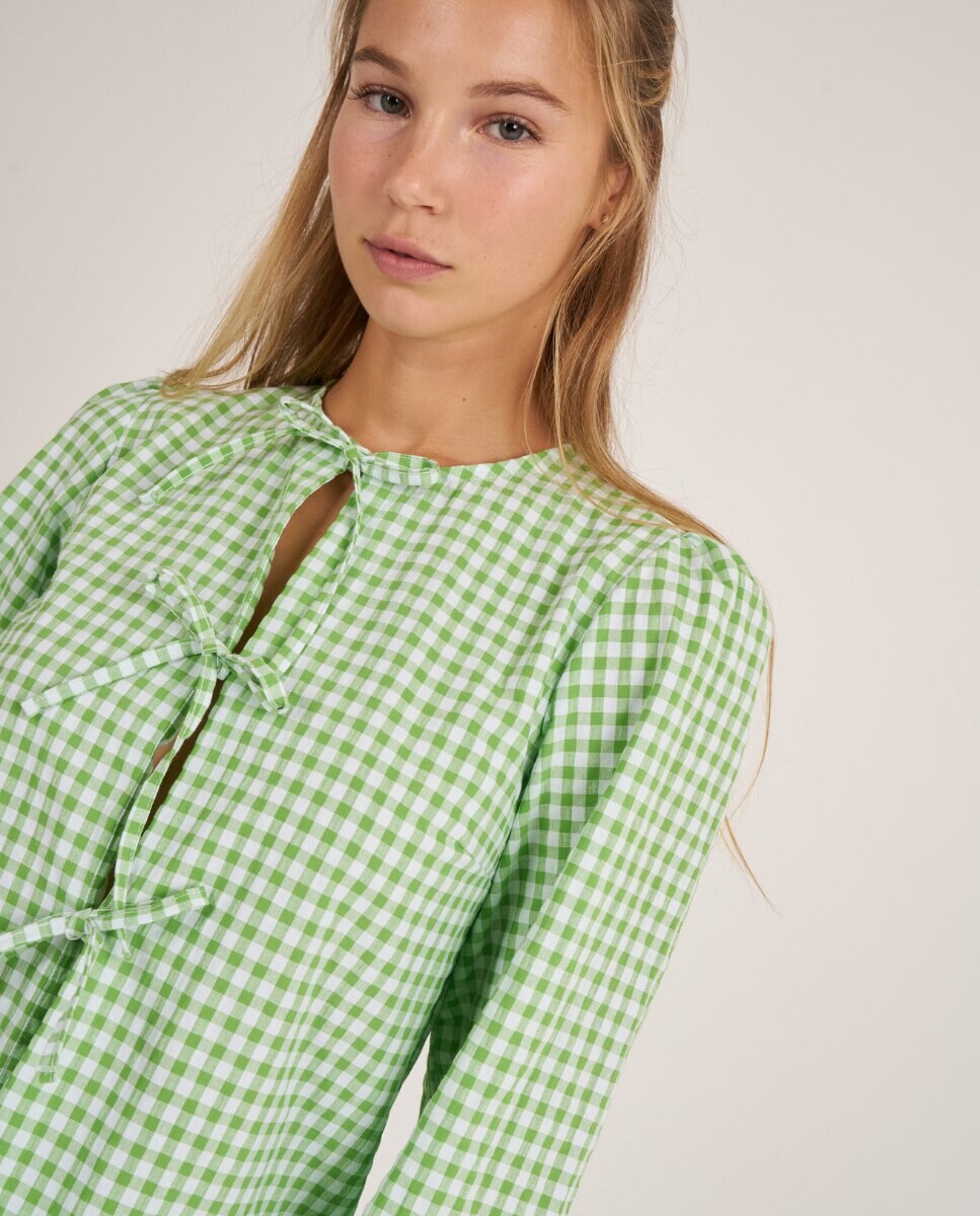 Camisa de manga larga con lazos a cuadros verde manzana - Bohodot - Blanco / Verde Blanco / Verde-4