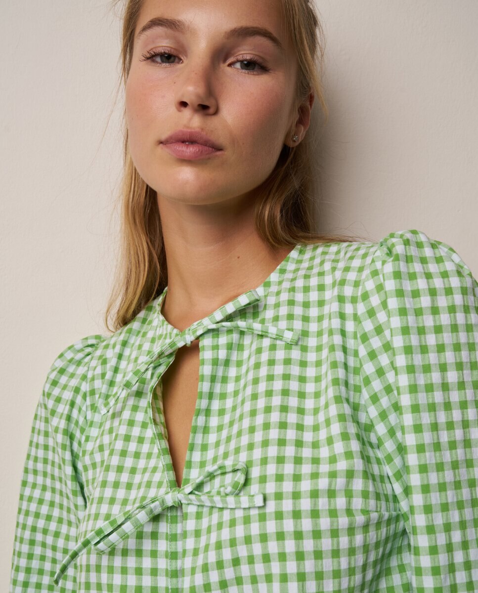 Camisa de manga larga con lazos a cuadros verde manzana - Bohodot - Blanco / Verde Blanco / Verde-5