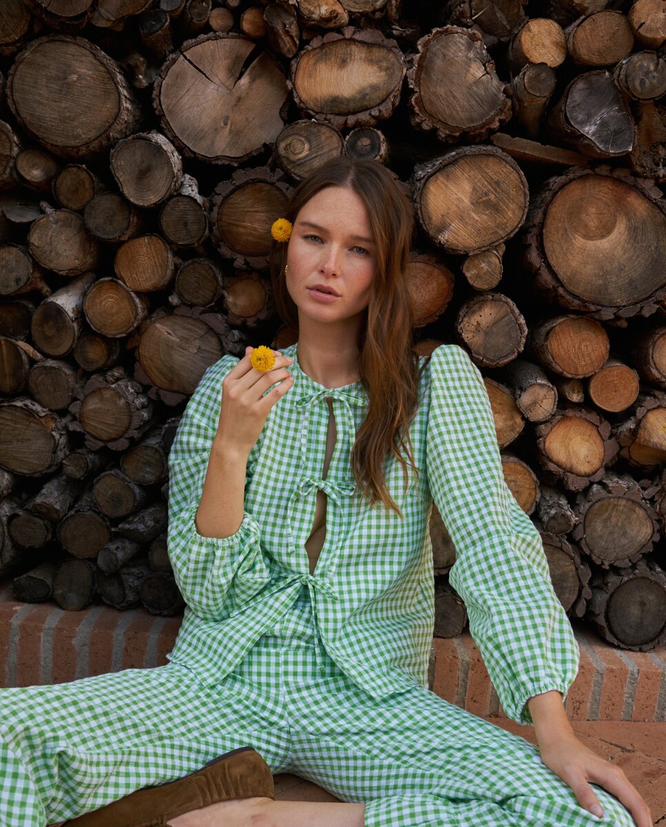 Camisa de manga larga con lazos a cuadros verde manzana - Bohodot - Blanco / Verde Blanco / Verde-6