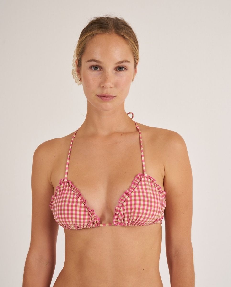 Top de bikini triangular con volante y estampado de cuadros. - Bohodot - Blanco Blanco-1