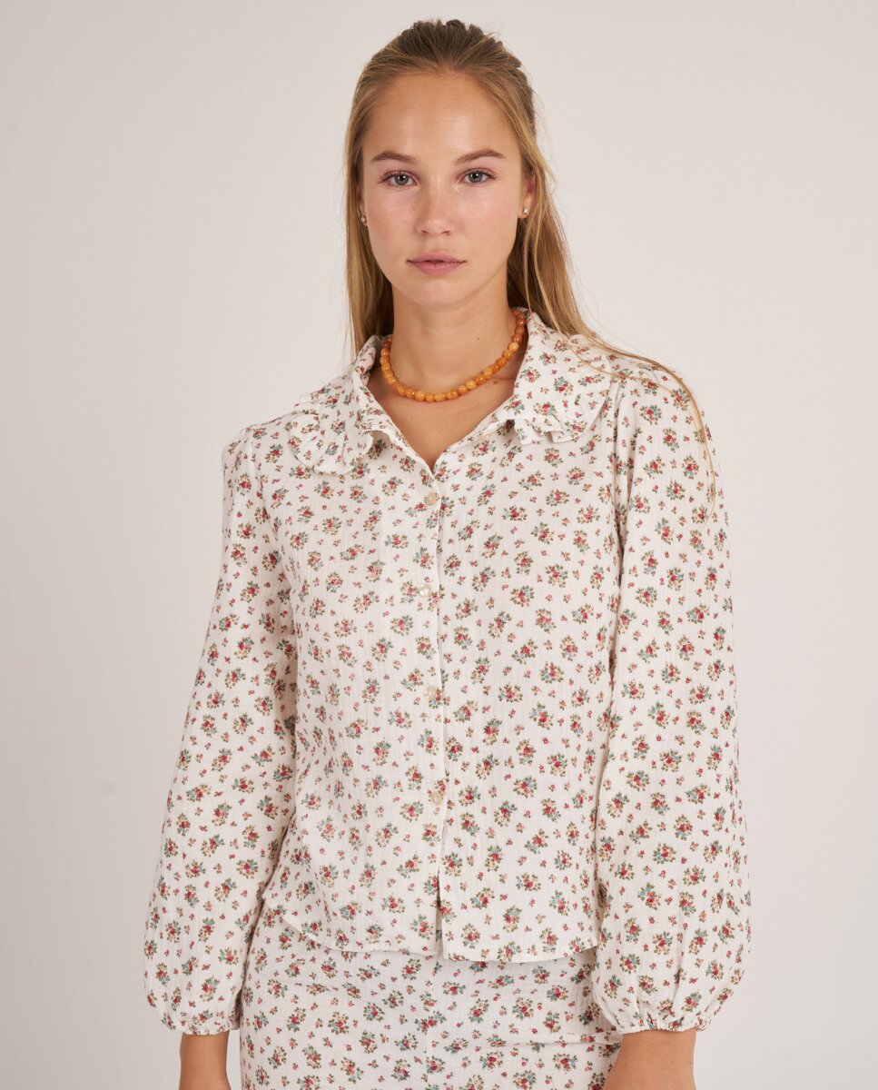 Camisa de manga larga con cuello de volantes con estampado floral - Bohodot - Crudo Crudo-1