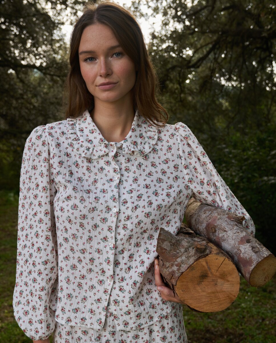 Camisa de manga larga con cuello de volantes con estampado floral - Bohodot - Crudo Crudo-8