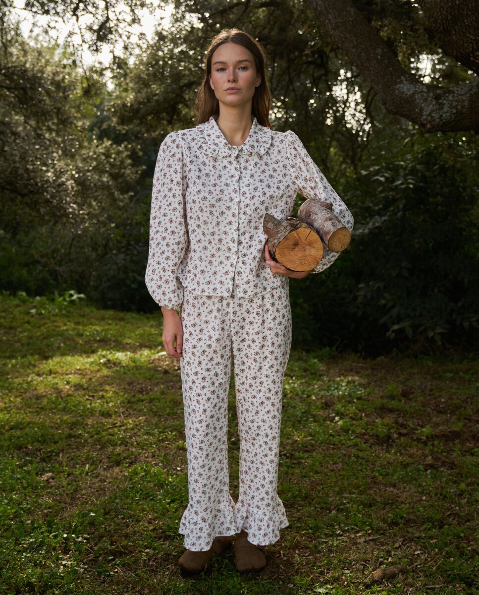 Pantalón largo con volante con estampado floral - Bohodot - Crudo Crudo-6