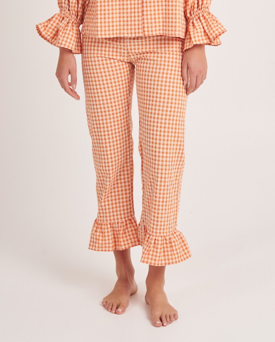 Pantalón largo con volante de cuadros naranjas - Bohodot - Blanco / Naranja Blanco / Naranja-1