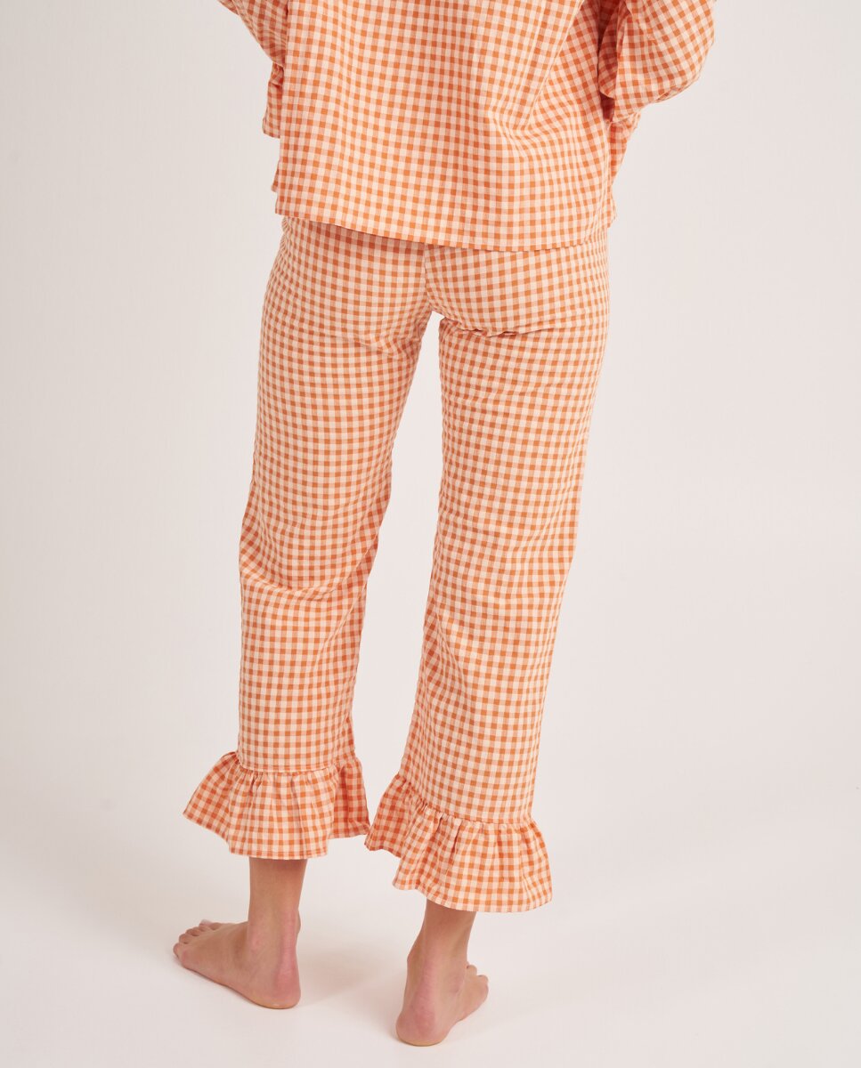 Pantalón largo con volante de cuadros naranjas - Bohodot - Blanco / Naranja Blanco / Naranja-2