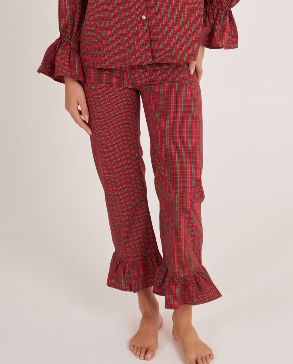 Pantalón largo con volante de cuadros madrás en - Bohodot - Rojo Rojo-1