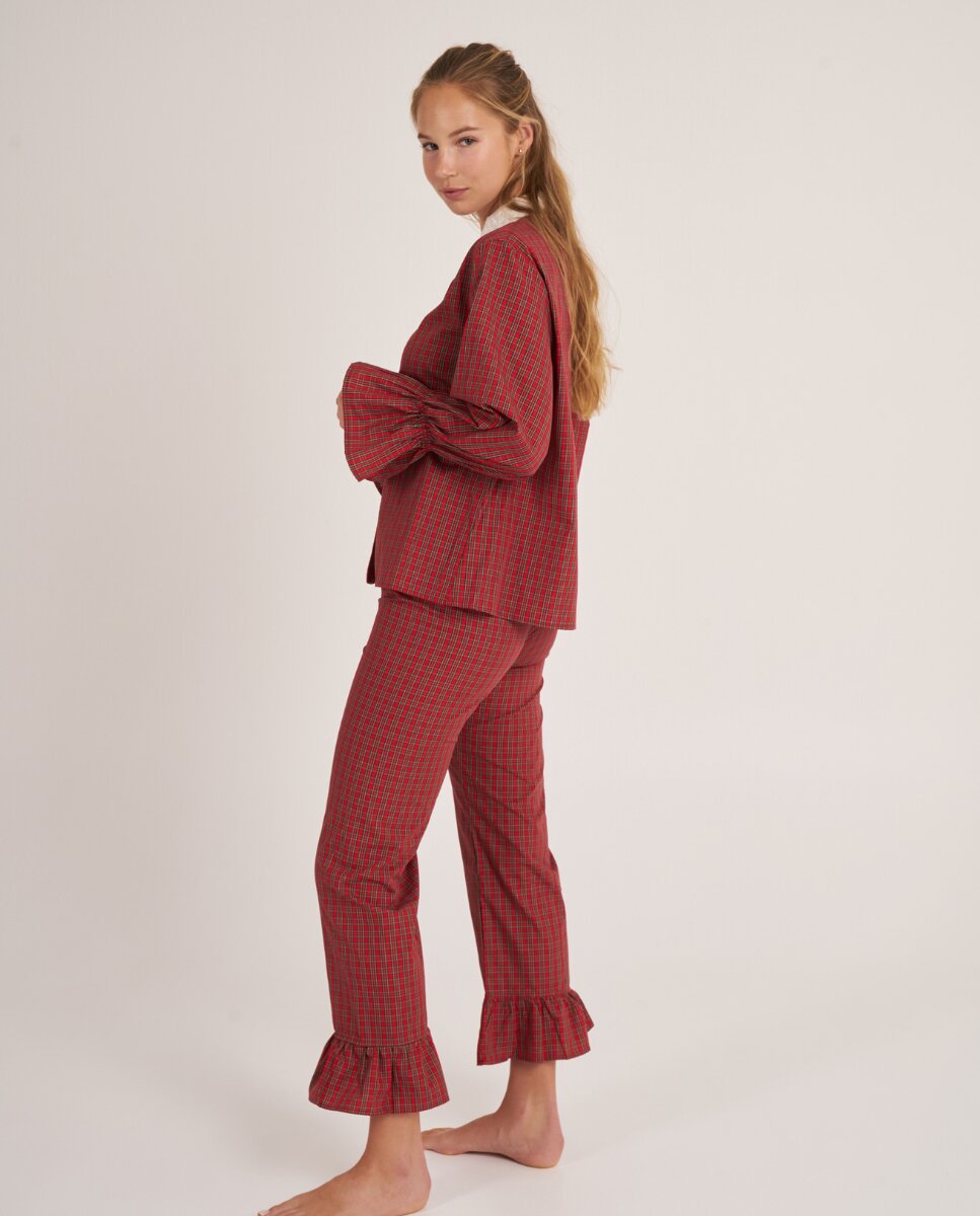 Pantalón largo con volante de cuadros madrás en - Bohodot - Rojo Rojo-4