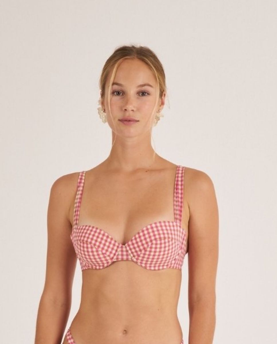 Top de bikini balconet con estampado de cuadros. - Bohodot - Blanco Blanco-1