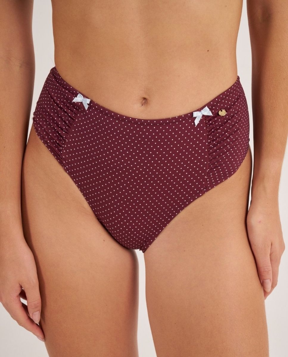 Braga de bikini de talle alto, laterales fruncidos y pequeños lazos azules. - Bohodot - Granate Granate-1